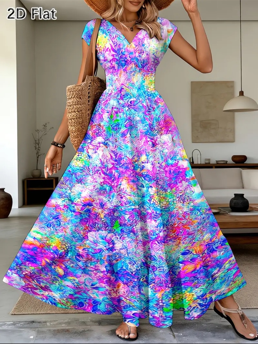 Temu Colorful Abstract Floral V-Neck Maxi Dress fits smaller than actual size